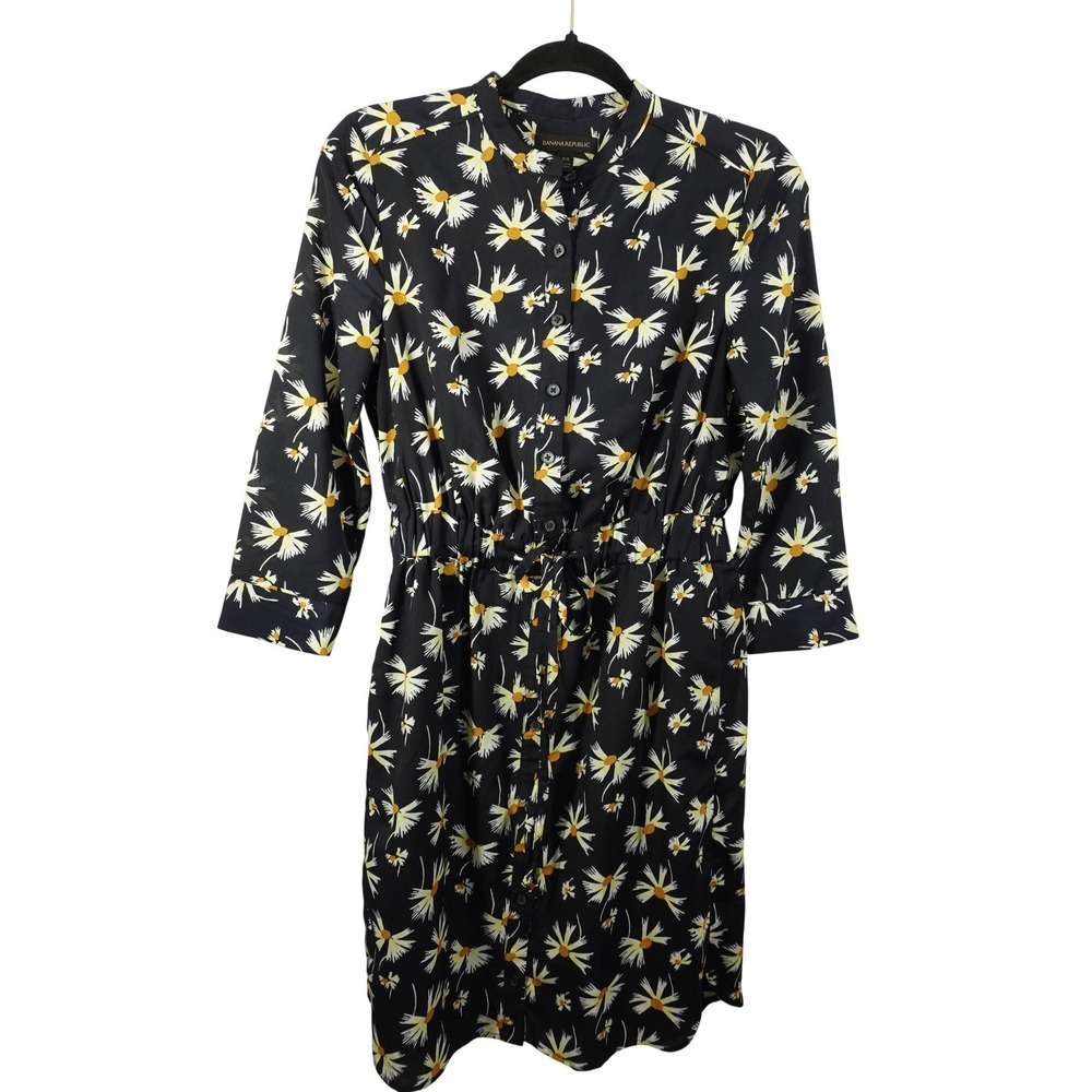 Banana Republic Dress Womens XS Black Floral Shirt Dress 3/4‎ Sleeve Daisy